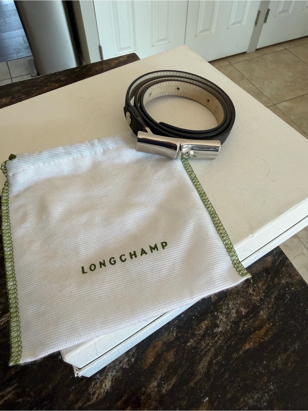Longchamp Black Leather Belt with Silver Tubular Buckle